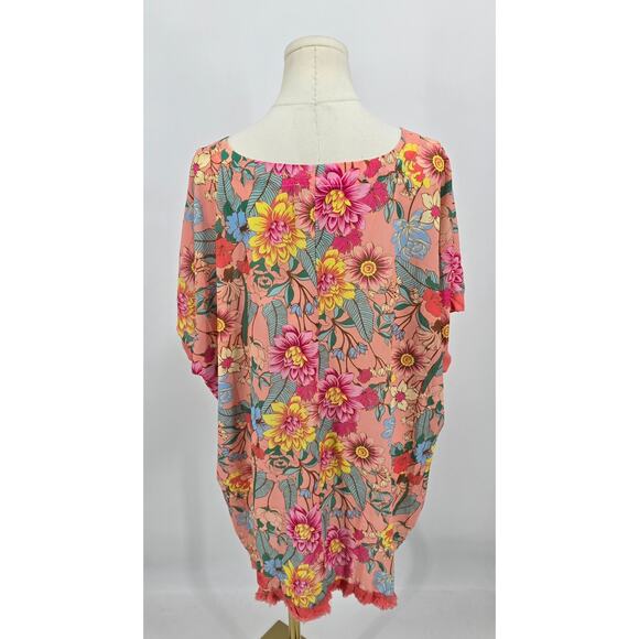 Umgee Plus 1XL Boho Cottagecore Floral F Hem Fringe Top Pink Multi - Picture 3 of 5